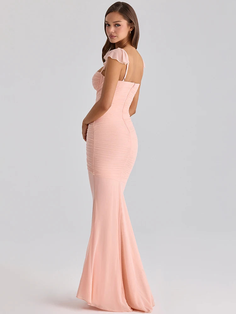 Mozision Sweetheart Neck Sexy Mermaid Maxi Dress Women Elegant Ruffle Sleeves Bodycon Evening Club Party Long Dress Female Gown
