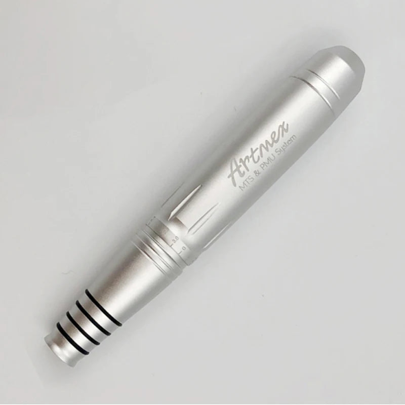 Silver Artmex V8 permanent makeup rotary pen for eyebrows, lips, and MTS skin microneedling treatments.