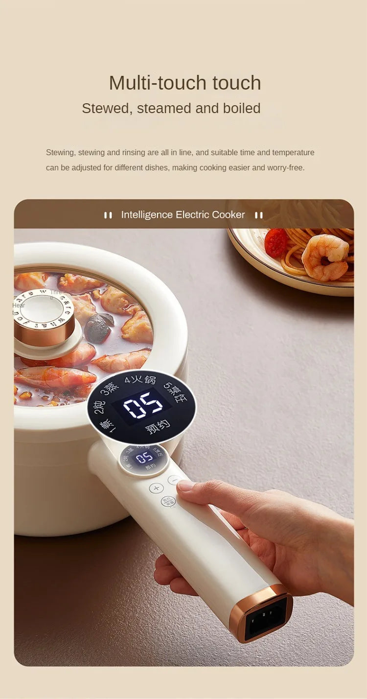 Electric hot pot multi cooker with touch control display and white handle