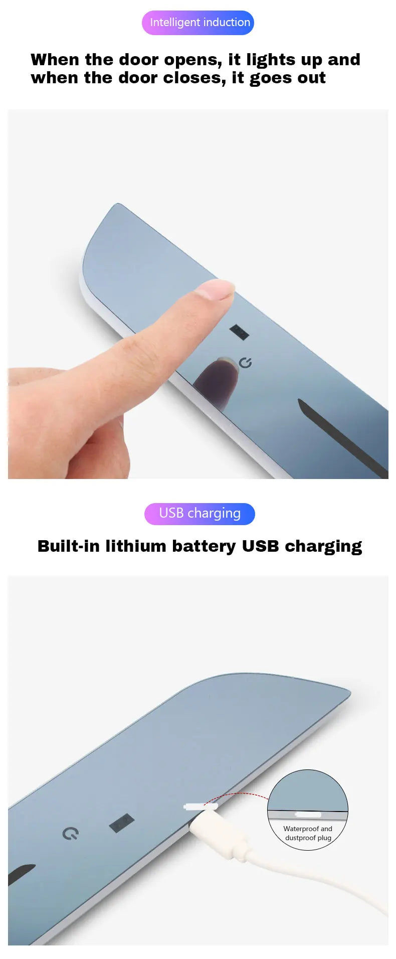 Slim, mirrored USB-rechargeable car door light with motion sensor and power button, featuring a waterproof charging