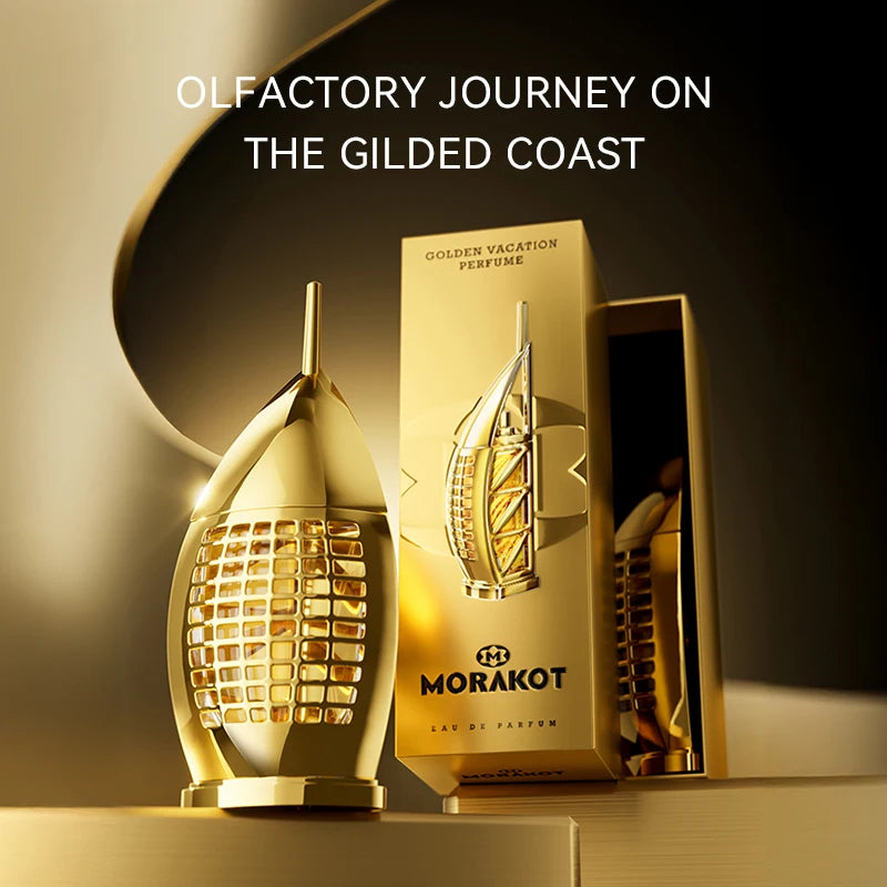 MORAKOT Golden Vacation unisex fresh EDT, 75ml luxury gold Burj Al Arab bottle, long-lasting fragrance for men & women.