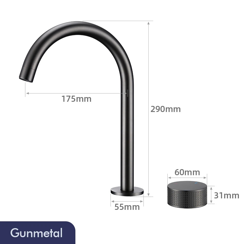 Gunmetal Basin faucet Knurled Switch 360 Rotating Spout two holes Deck Mounted Sink Tap Bathroom Widerspread Mixer 2 set