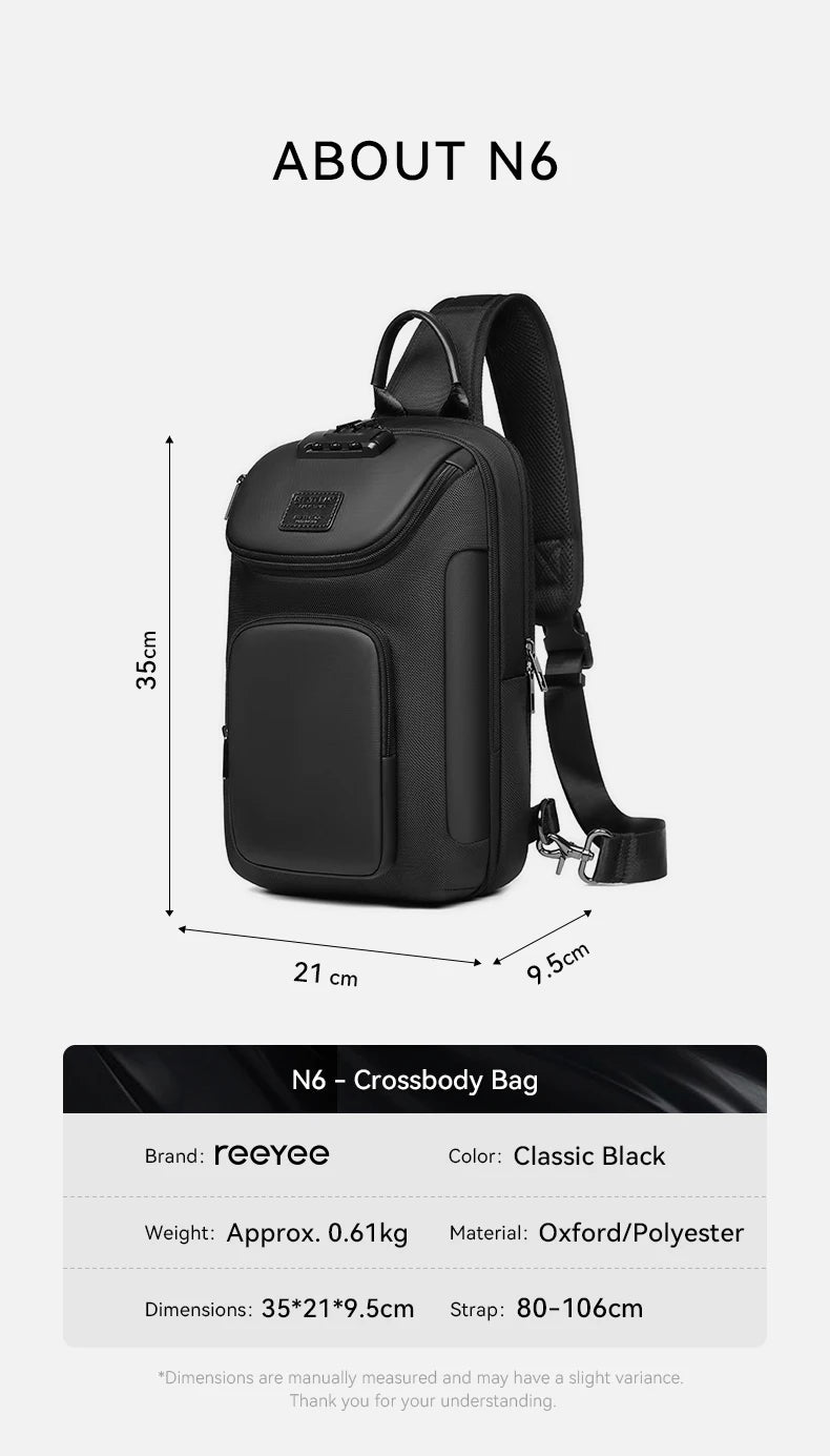 ReeYee N6 6L Sling Chest Bag, Combination Lock Security Crossbody Pack, Unique Design with Smart Organization Compartments