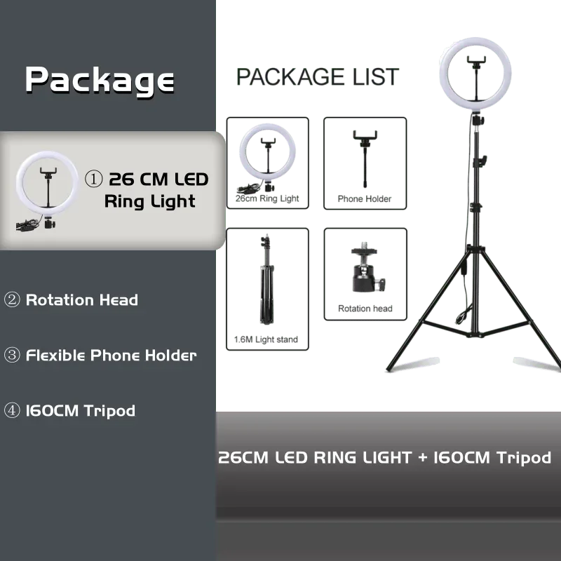 10 Inch LED Ring Light with Tripod for Professional Video Streaming 10in Ring BK160cm Tidesmit