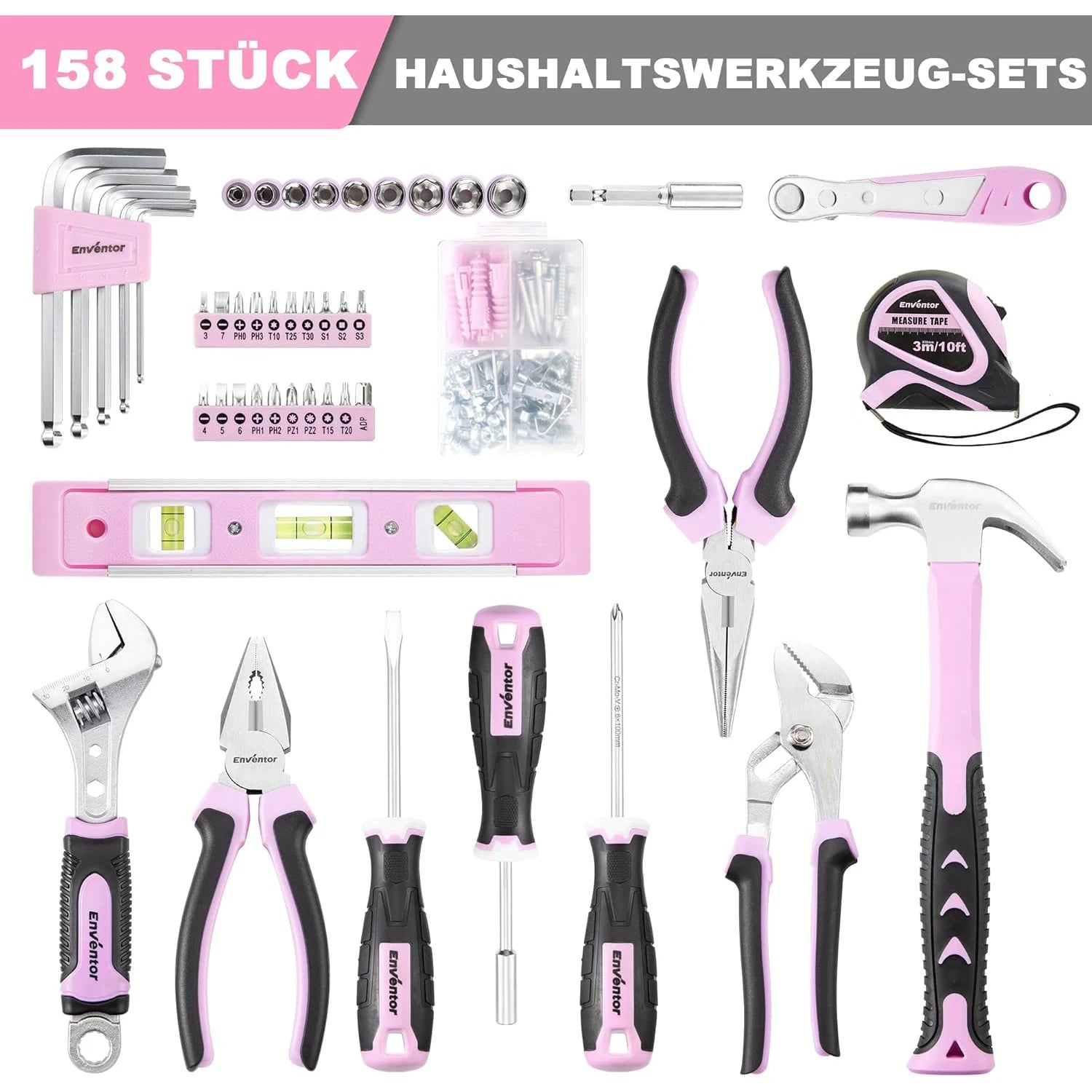 ENVENTOR Small Tool Case for Women, Household Tool Set, Tool Box Pink, Universal Complete with Tools Hand Tool, Tool Kit Fitted 158-Pcs, for Household DIY