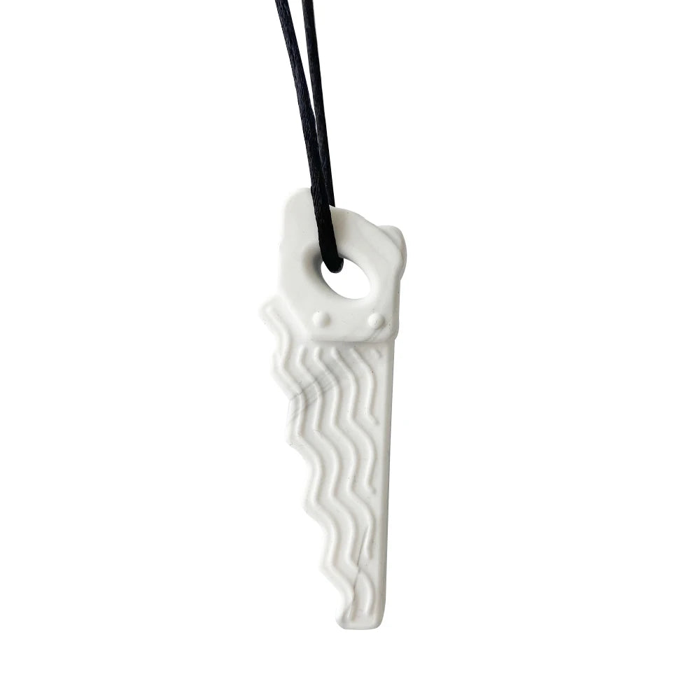 White silicone saw baby teething toy necklace on a black cord for pain relief.