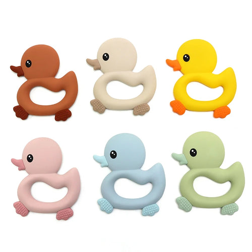 Multi-colored silicone duck baby teething toys for soothing infants.