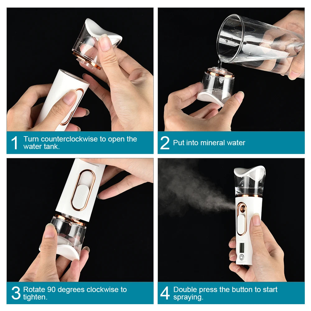 How to use a portable white and rose gold nano facial sprayer for hydrating skin care with cool mist technology.
