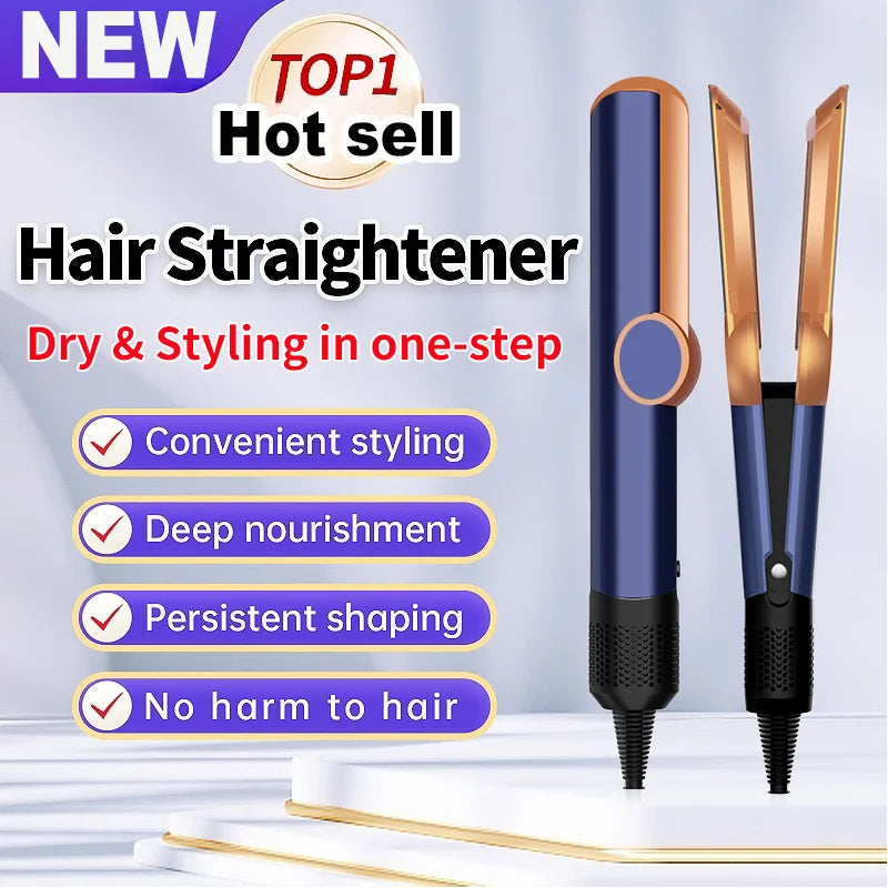 Blue and gold professional hair straightener and dryer for ionic, one-step styling and damage-free hair care.