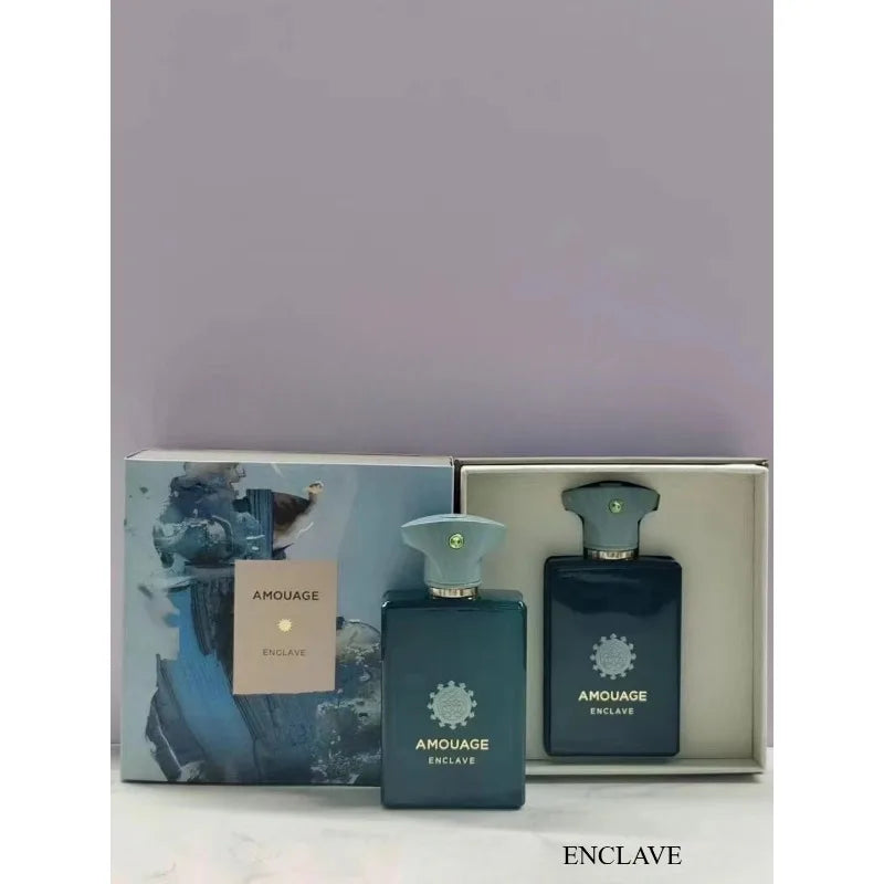 Amouage Enclave Eau de Parfum: Masculine 100ml spray, elegant dark green glass bottle, aromatic woody scent gift set.