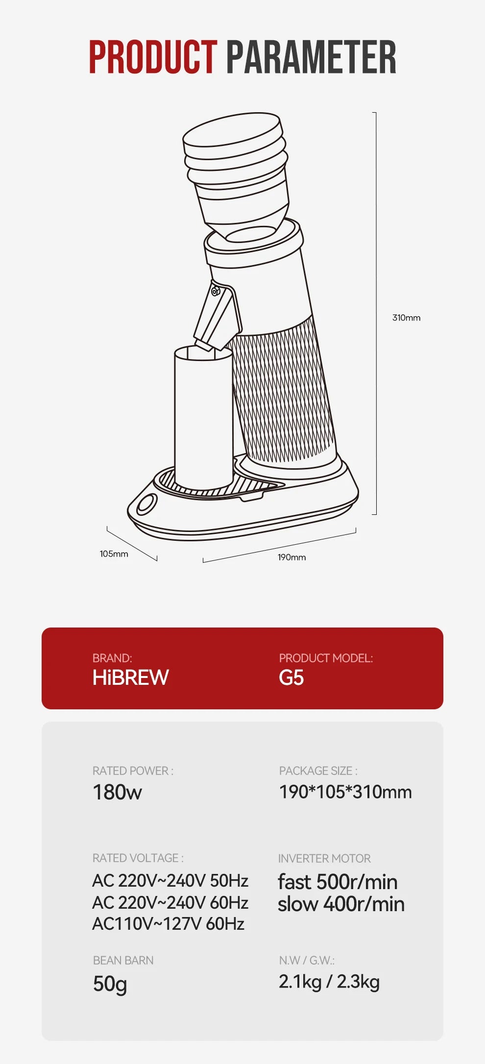 HiBREW G5 coffee grinder technical diagram showing 310mm height, 50g hopper capacity, and 180W inverter motor specs.