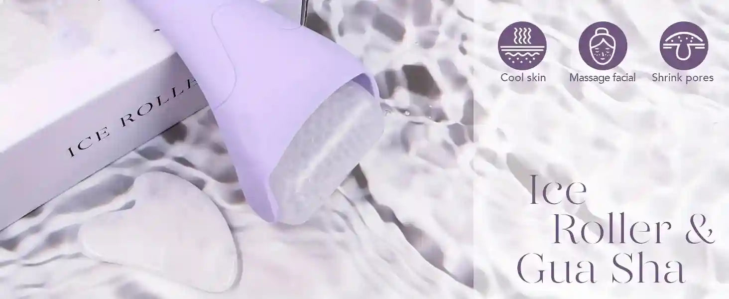A lavender handheld ice roller and white stone gua sha tool displayed on a watery, rippled background.