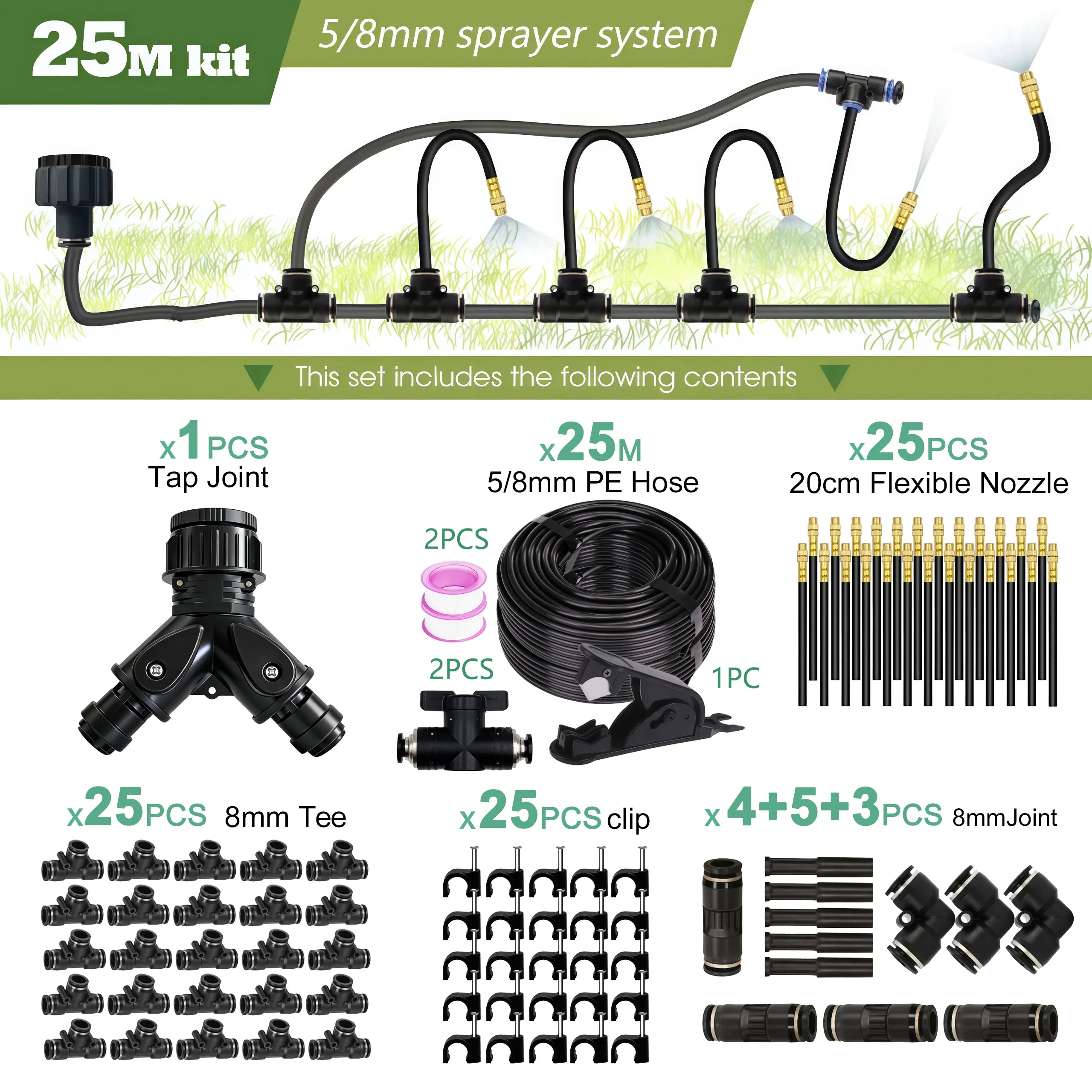 Garden 5 30M 8mm PE Hose 20cm 360 Bending Brass Nozzle Spray Kit Atomized Automatic Irrigation Equipment Plants Mist Watering System