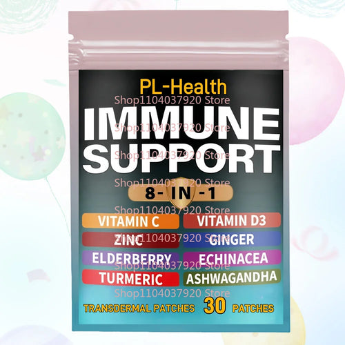 8-in-1 elderberry immune support transdermal patch, 30 count, in a blue and pink pouch.