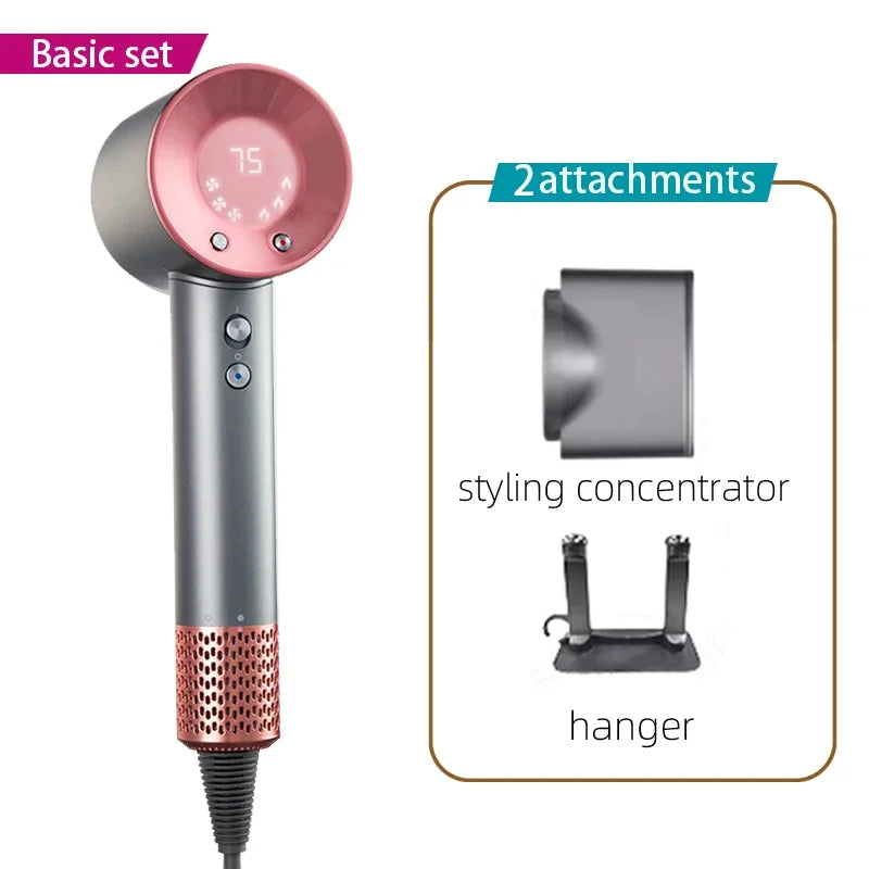 Grey & pink high-speed hair dryer with LED temp display, styling concentrator attachment, and wall hanger.