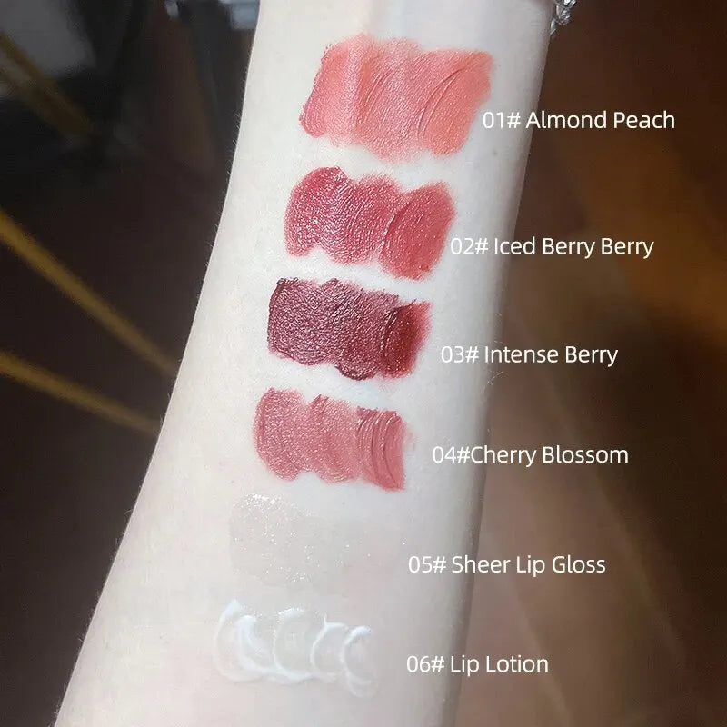 Tidesmit 4-piece matte liquid lipstick set with clear lip gloss and plumping balm texture close-up for face makeup