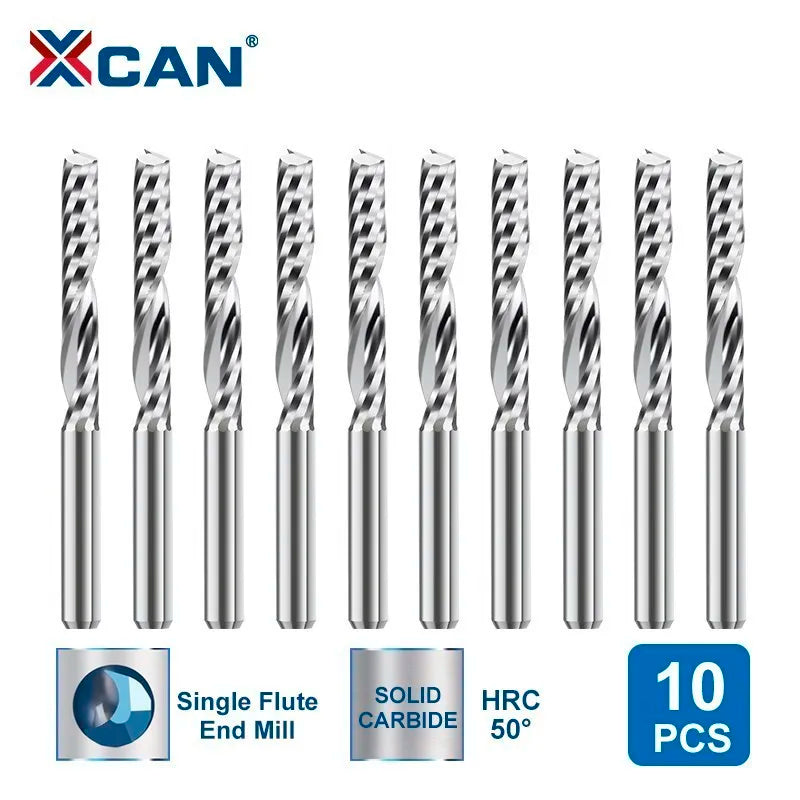 XCAN End Mills 10pcs 2x8mm 3.175 Shank Single Flute Spiral Router Bits for Cut Wood/Plastic 1 Flute CNC Milling Cutter
