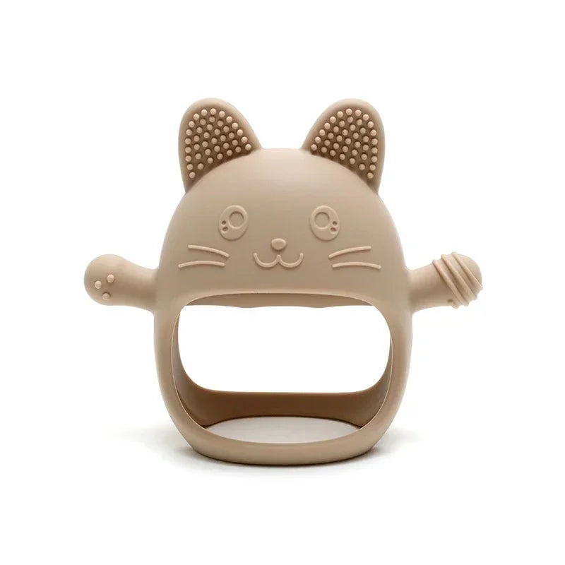Beige silicone cat baby teething toy for soothing sore gums.