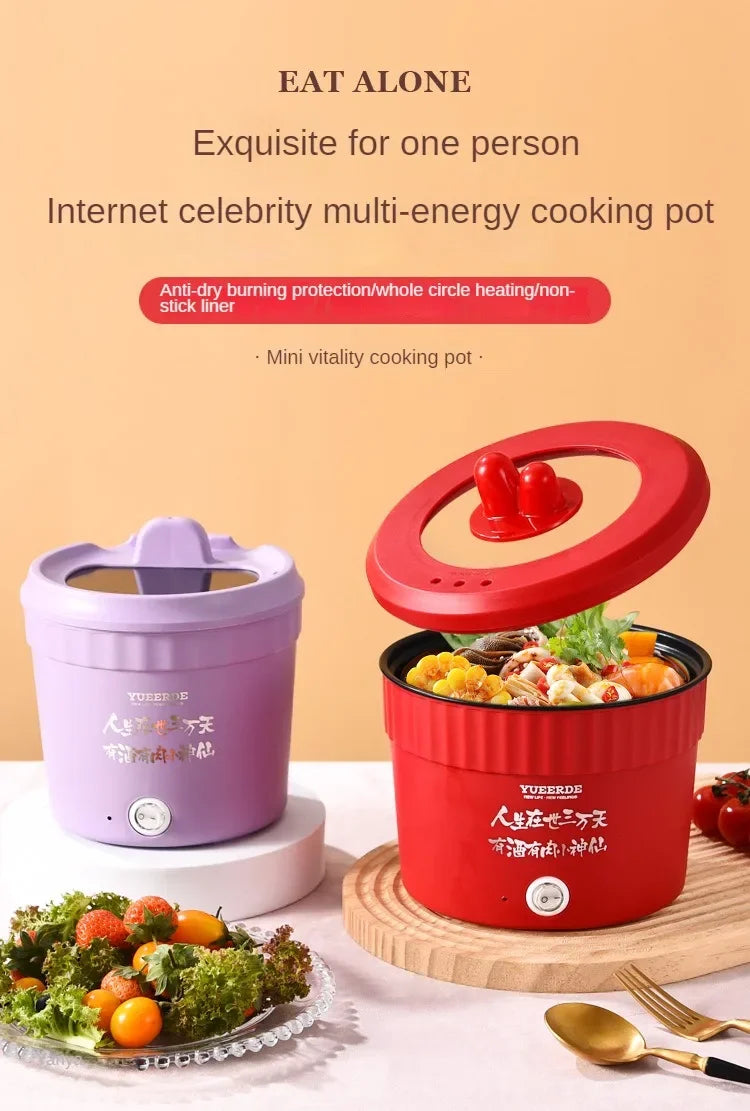 Purple and red 1-person electric cooking pot with matching lids