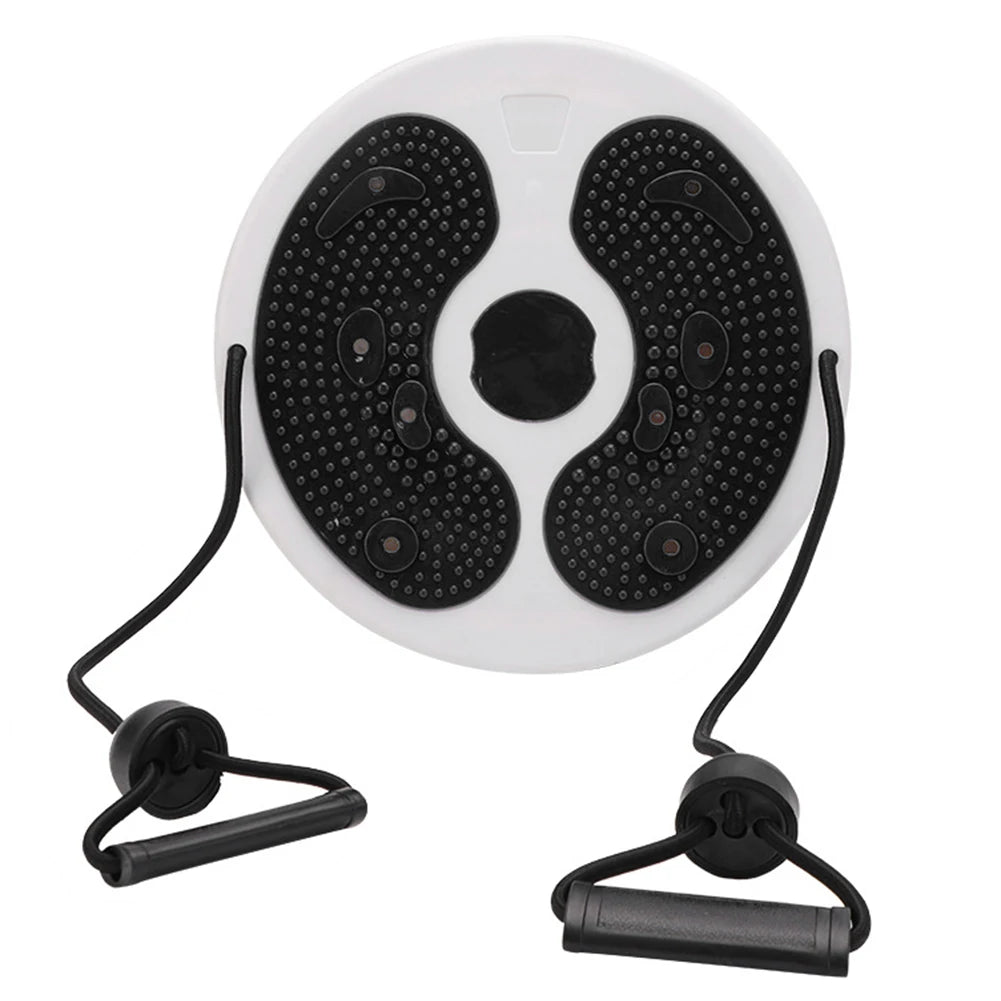 White plastic circular waist twisting disc with black textured foot pads and attached resistance band handles for