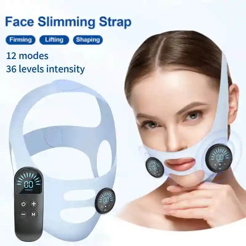 Light blue EMS face slimming strap with round digital control pads, worn by a woman, with a handheld remote control.
