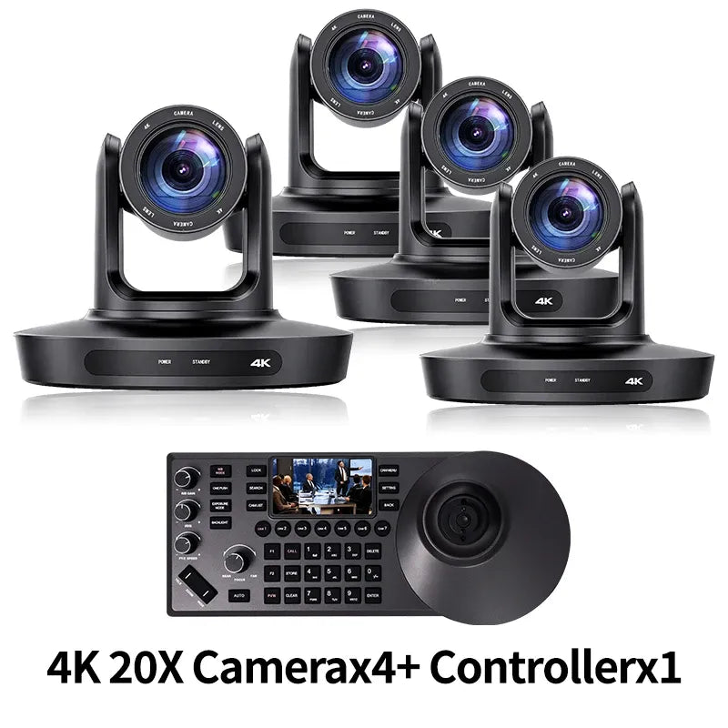 Video conferencing PTZ camera kit: three black PTZ units and a control console
