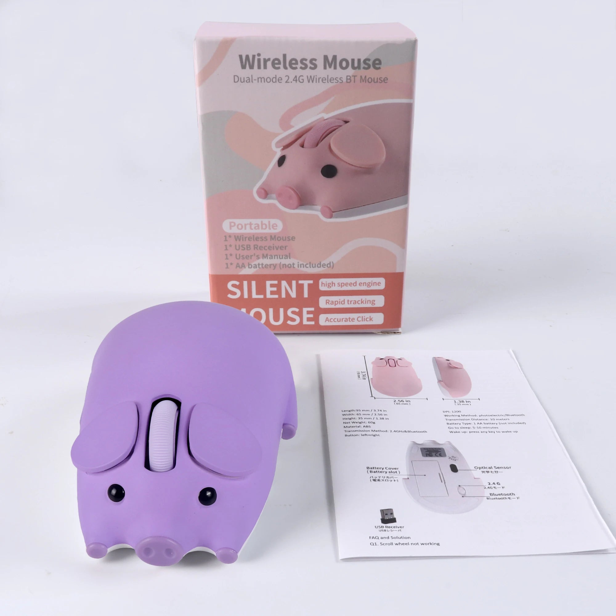 Cute 3D Little Pig Wireless Mouse 2.4G Bluetooth Dual-mode Silent For Women Office Laptop PC