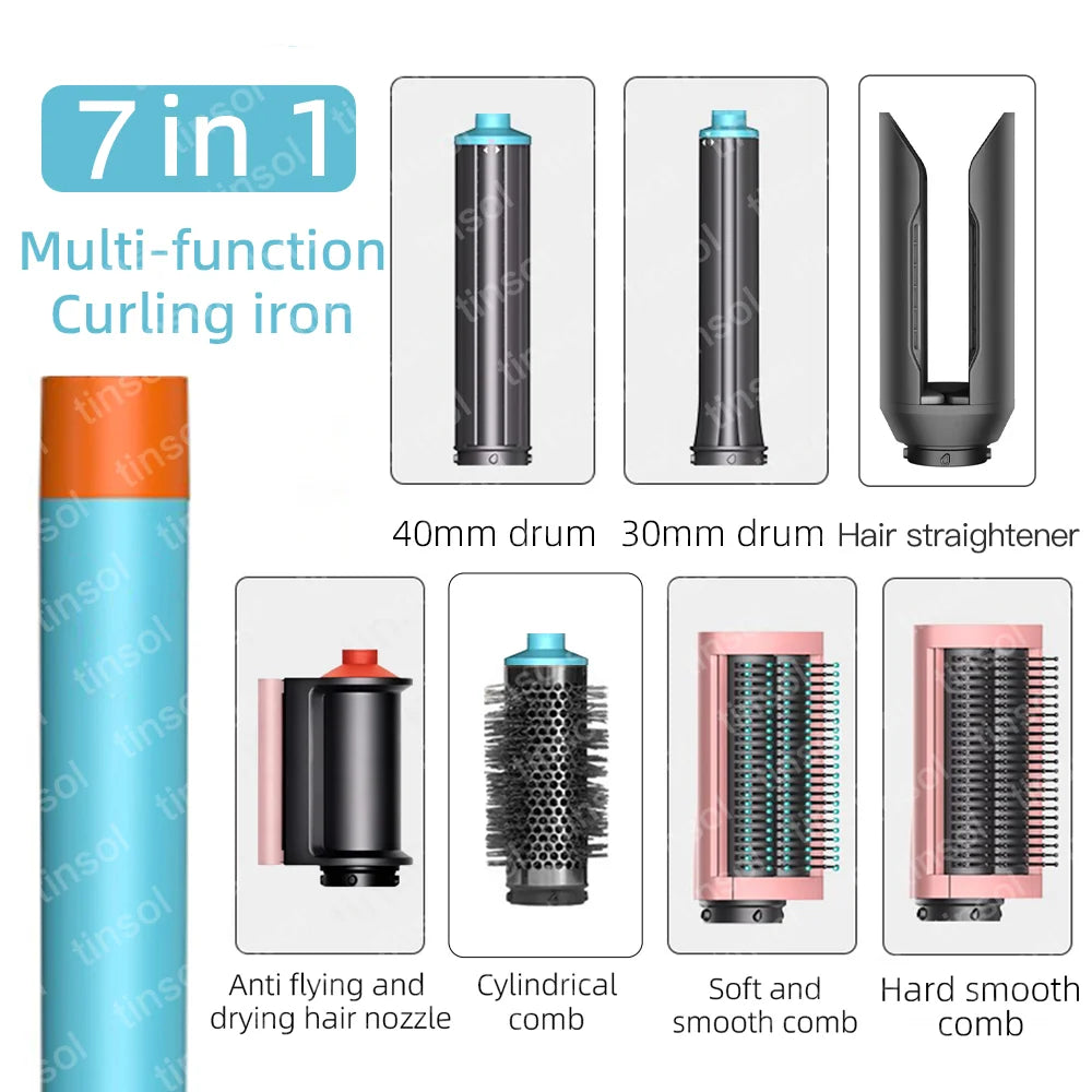 7-in-1 high-speed ionic hair dryer set with pink and grey attachments, curling drums, combs, and dryer nozzle.