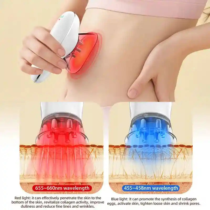 White handheld 4-in-1 body sculpting device with red and blue light therapy, shown in use on skin.