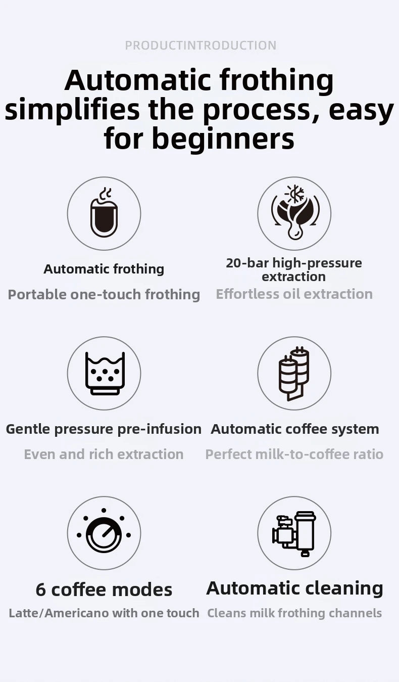 Automatic espresso coffee maker features 20-bar pressure, one-touch frothing, 6 modes, and self-cleaning system.