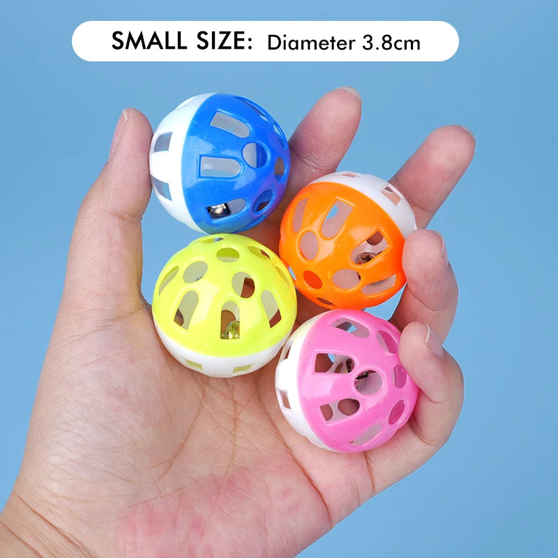 Colorful 3.8cm hollow bell balls for parrots and birds to chew and play, safe pet cage enrichment toys.