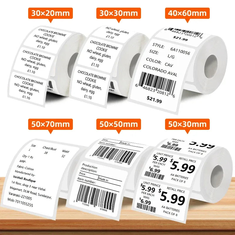 White thermal label paper rolls with barcode and price label samples, multiple sizes shown.