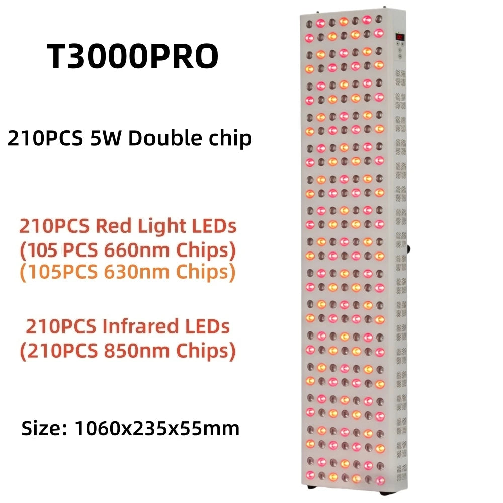 T3000PRO red light therapy panel for pain relief and anti-aging with 210 dual-chip 660nm, 630nm, and 850nm LED bulbs.