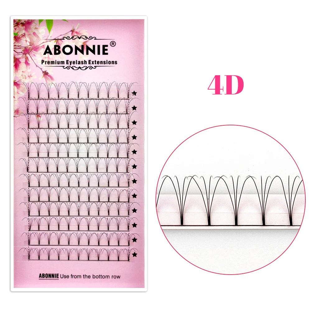 ABONNIE 4D short stem premade volume eyelash extension tray in a pink floral package with a close-up circle.