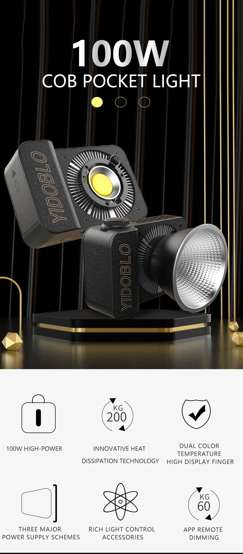 100W COB pocket light: compact black square LED video light with a silver reflector for professional photography