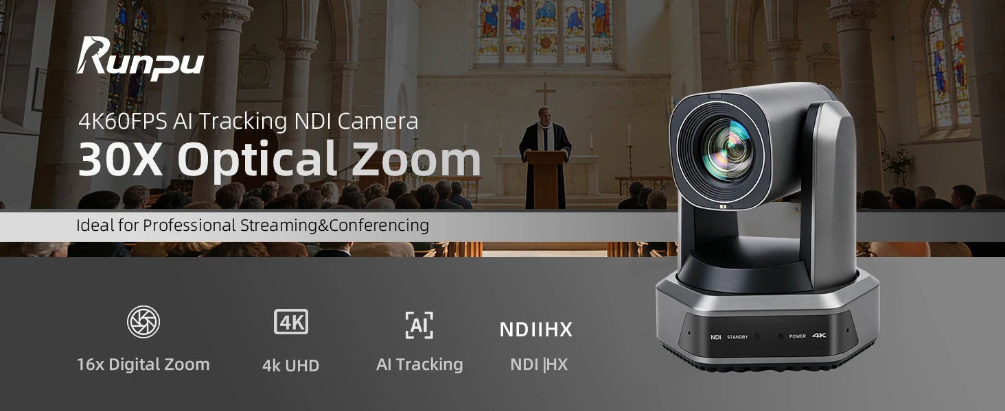 Runpu 4K 60fps NDI PTZ Camera 20x 30x Optical Zoom IP LIve Streaming PTZ Camera AI Auto-Tracking 3G-SDI LAN USB PoE for Church