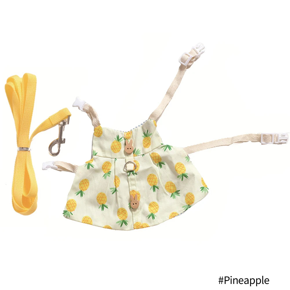 Cute pineapple print rabbit vest harness and matching yellow leash for safe outdoor walking for bunnies or guinea pigs.