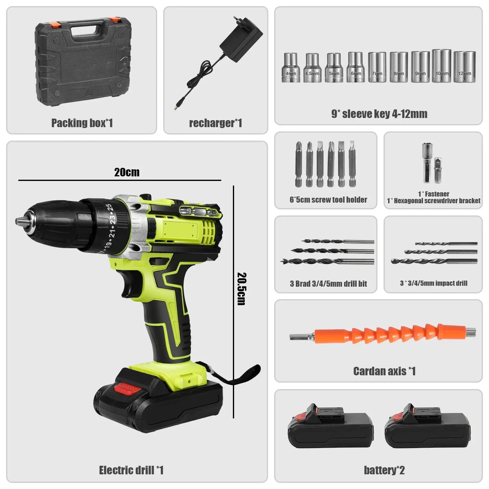 28V Cordless Impact Drill Screwdriver 1350rpm High Speed, Rechargeable Household Power Tool Complete with Matching Drill Bits Set