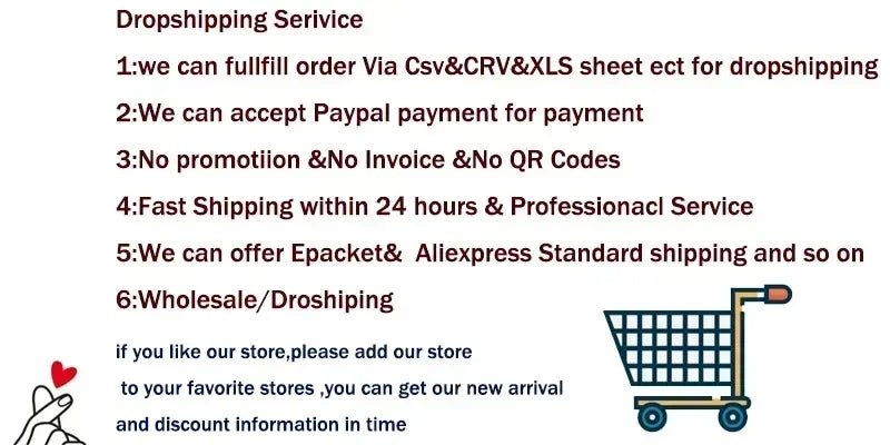Text graphic listing dropshipping service details, including a red heart hand icon and a shopping cart illustration.
