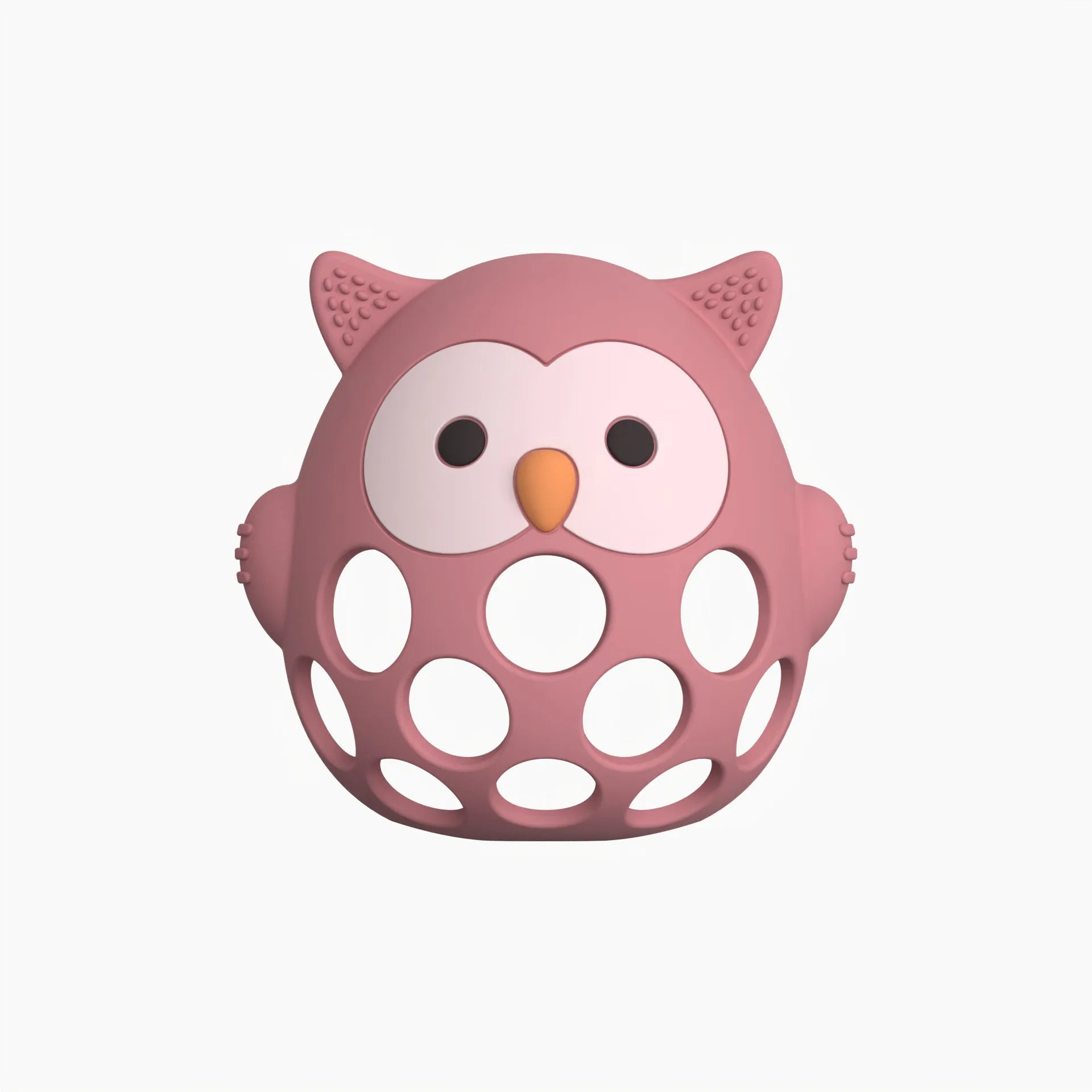 Pink silicone owl baby teething toy for soothing relief.