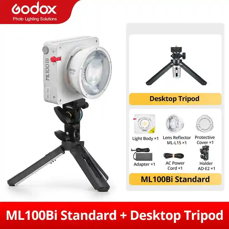 ML100Bi compact LED light with round reflector on a black desktop tripod, plus power accessories and mount.