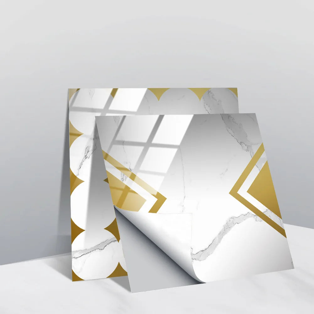Self-adhesive faux stone tile wall stickers, white marble look with gold accents