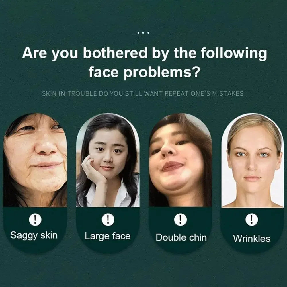 Four headshots on a dark green background labeled with facial concerns: saggy skin, large face, double chin, wrinkles.