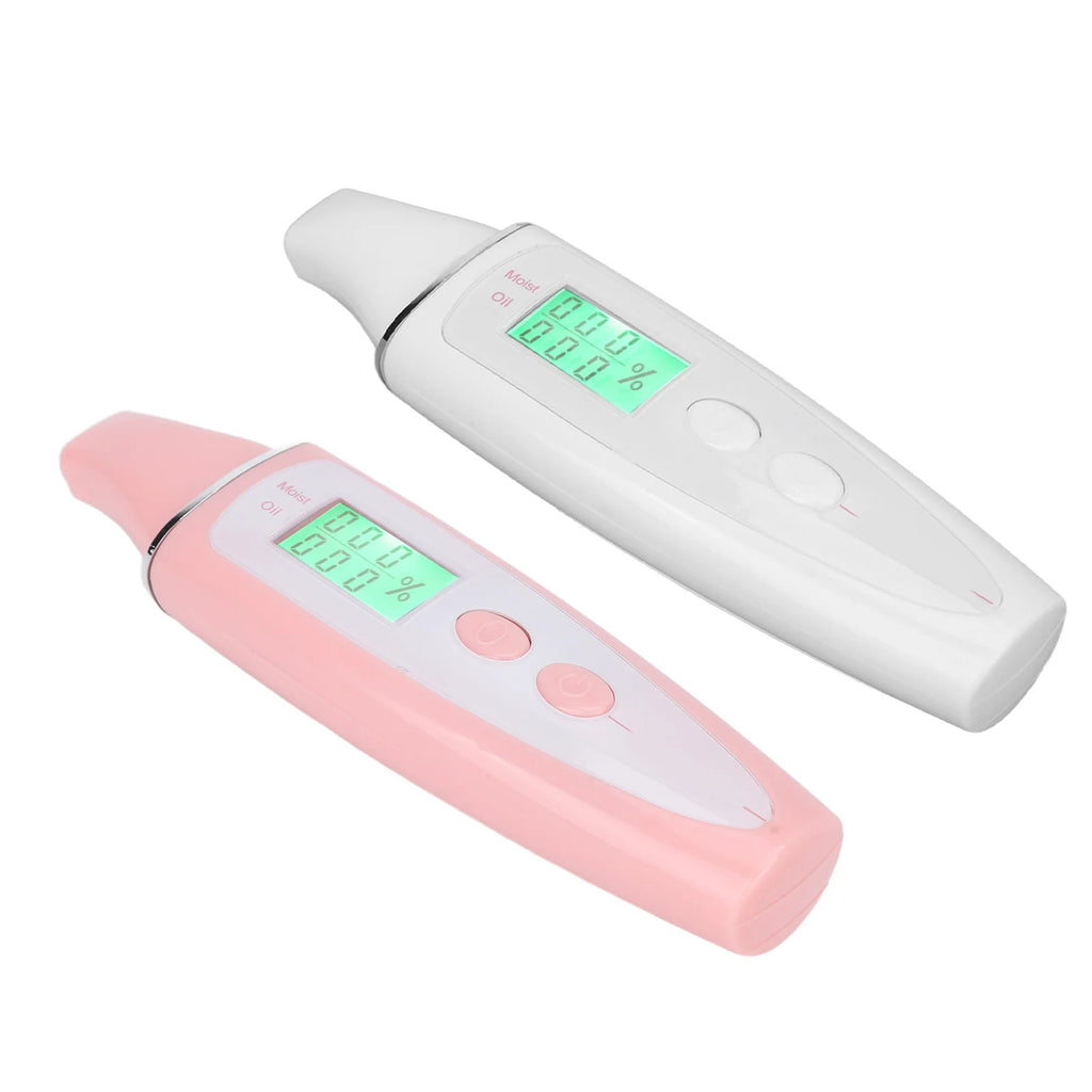 Pink and white portable digital facial skin analyzer pens with LCD displays for oil and moisture testing.