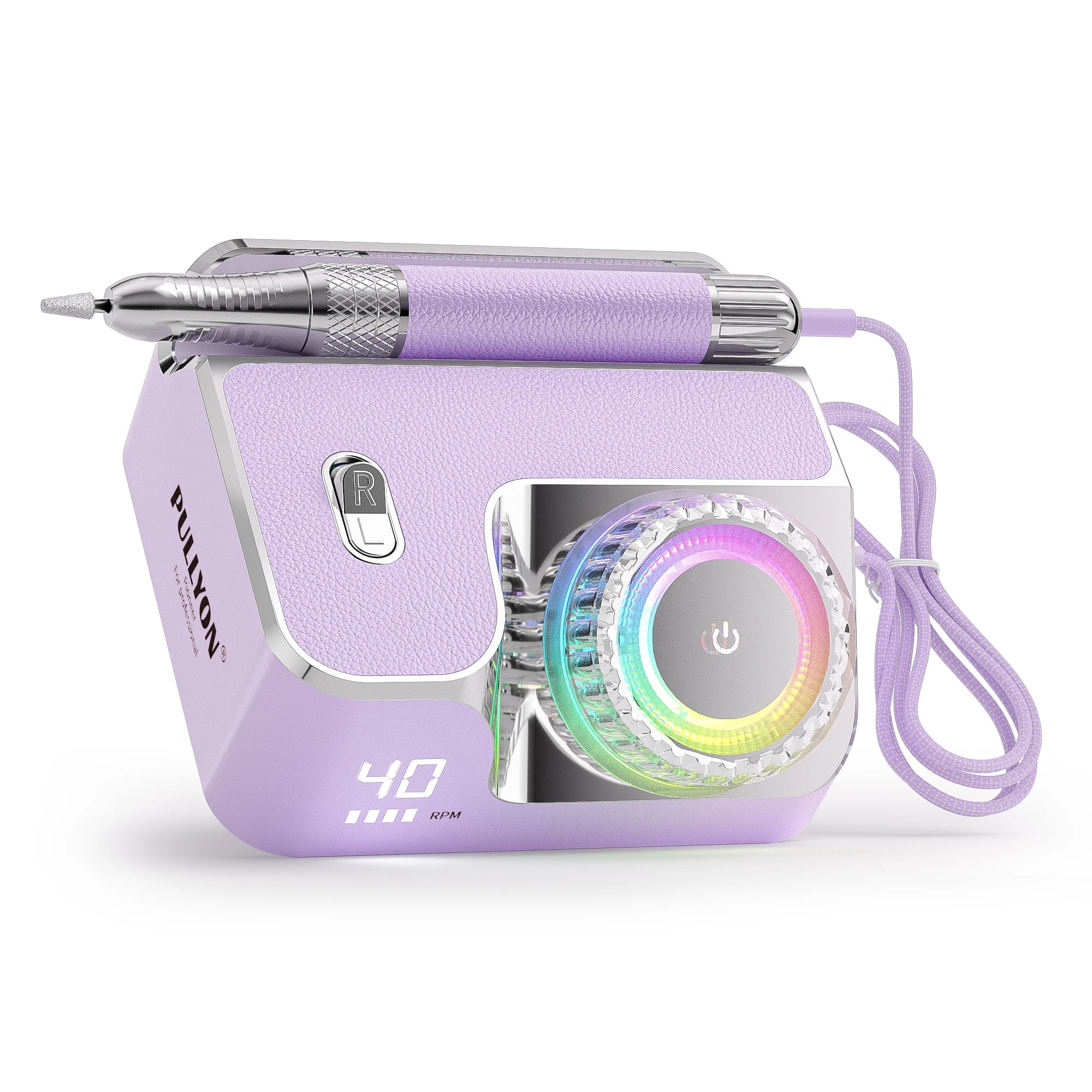 Lavender 40000RPM electric nail drill for manicure and pedicure with LED light, portable rechargeable salon device.