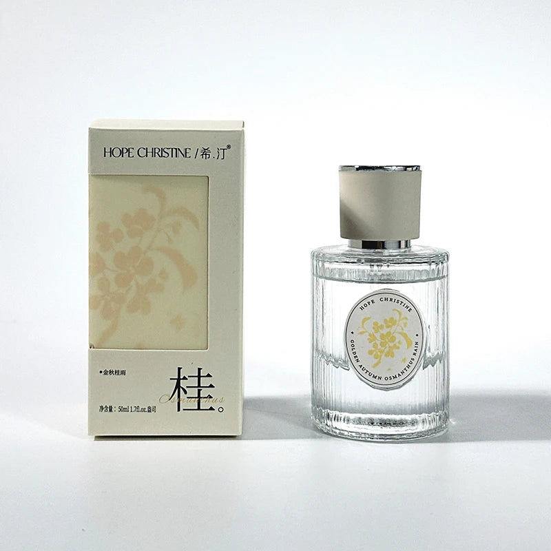 Hope Christine Osmanthus 50ml floral perfume for women. Long-lasting EDT in a ribbed glass bottle with cream cap.