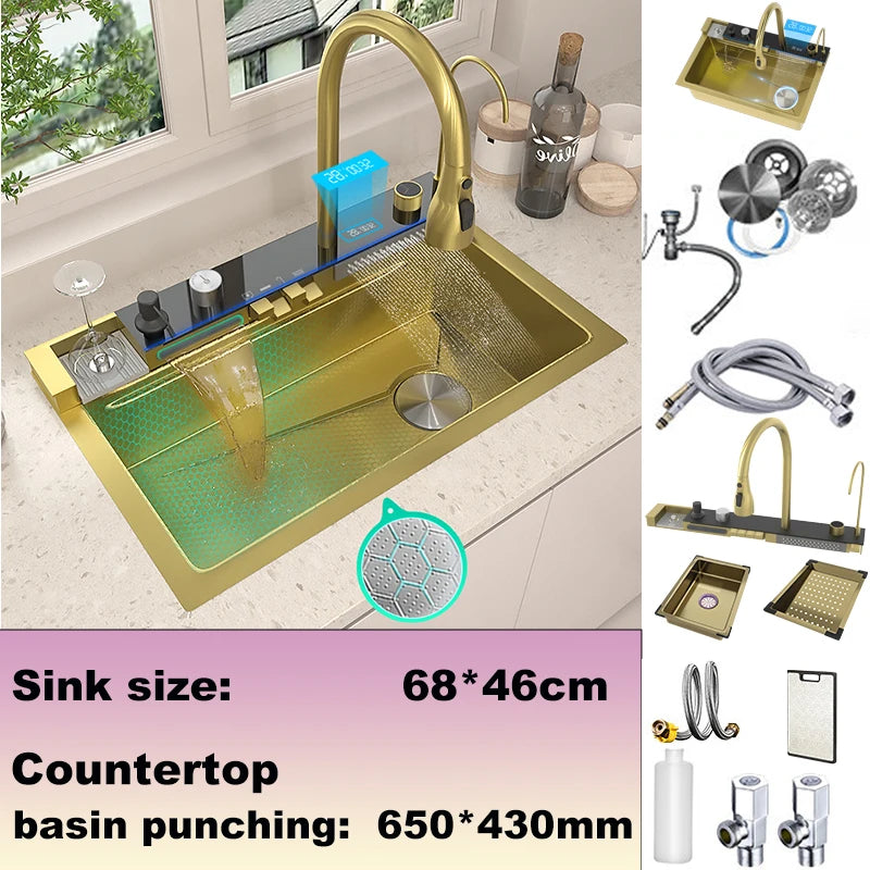 Stainless Steel Kitchen Sink Large Single Slot Multifunctional Waterfall Digital Display Faucet Wash Dish Bowl Undermount Basin