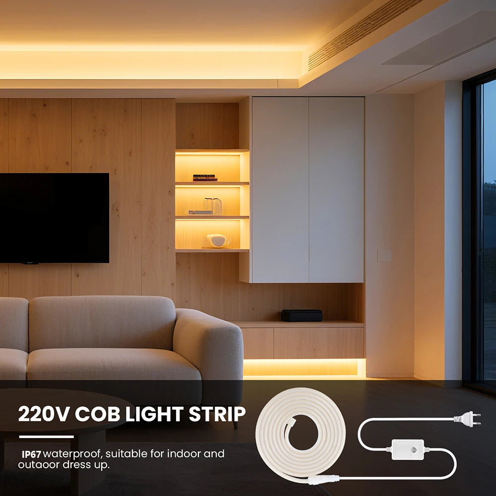 220V Dimmable COB Led Strip Light ON/OFF Dimmer Waterproof 288Leds Flexible Neon Lamp Home Decor EU Power Kit Warm Natural White
