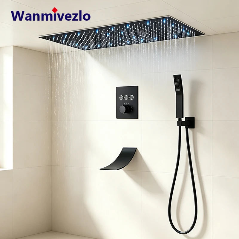 Ceiling Mounted Thermostatic Shower System, LED Rainfall Shower Head with Waterfall Spout & Handheld Sprayer, 3 Function Concealed Constant Temperature Anti-Scald Bathroom Shower Faucet Set