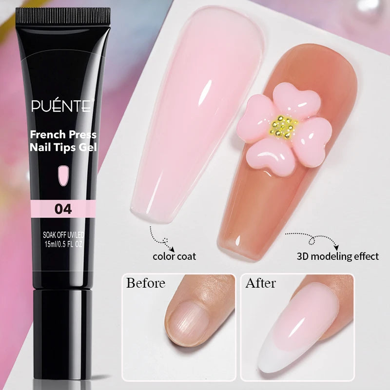 15ml tube of French press nail tips gel in pink, shown with swatches for color coating and 3D floral modeling.
